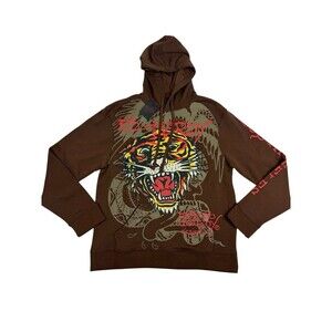 Ed Hardy Tiger Roar Graphic Hoodie Cocoa Brown Y2K Tattoo Streetwear Men’s M NWT